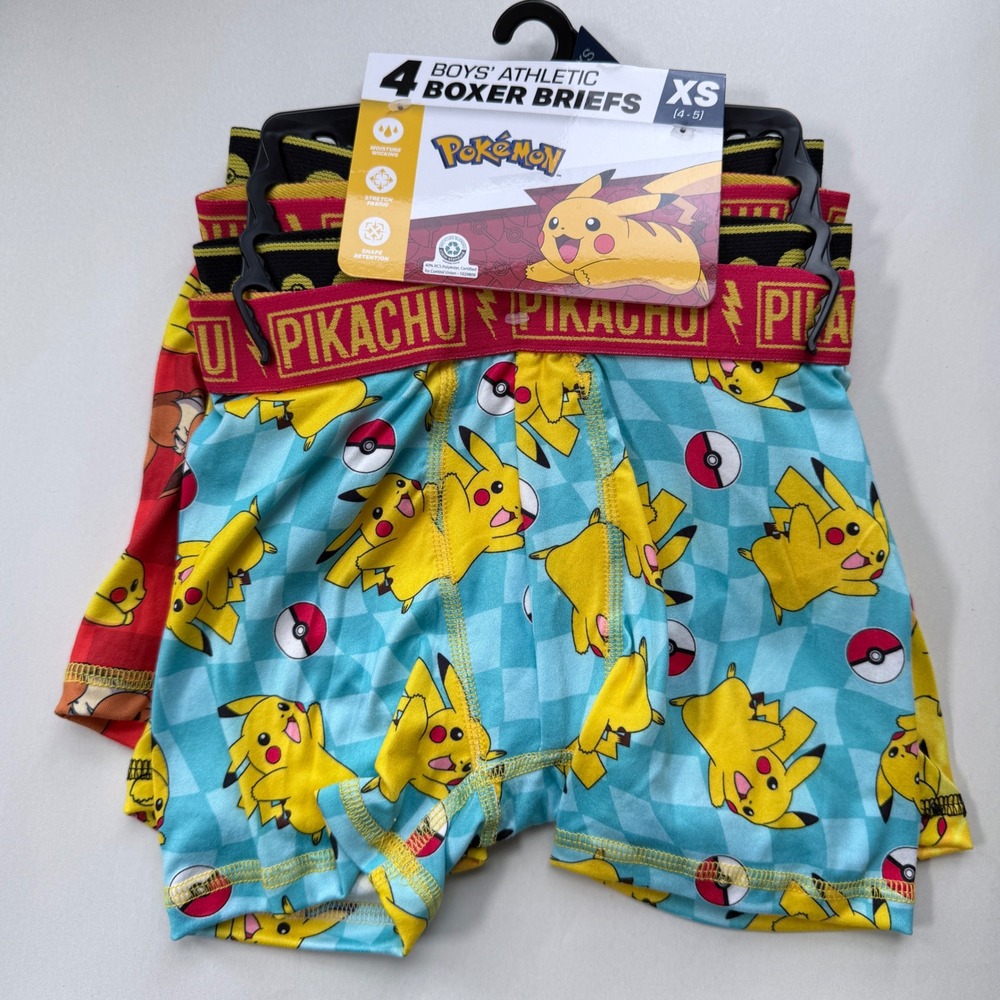 Pokemon Boys XS 4-5 Athletic Boxer Briefs 4 Pack Pikachu Eevee Moisture Wicking